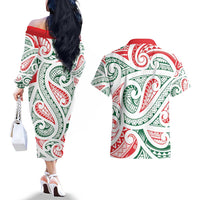 New Zealand Kowhaiwhai Christmas Couples Matching Off The Shoulder Long Sleeve Dress and Hawaiian Shirt Traditional Maori Koru Pattern - Polynesian Pride