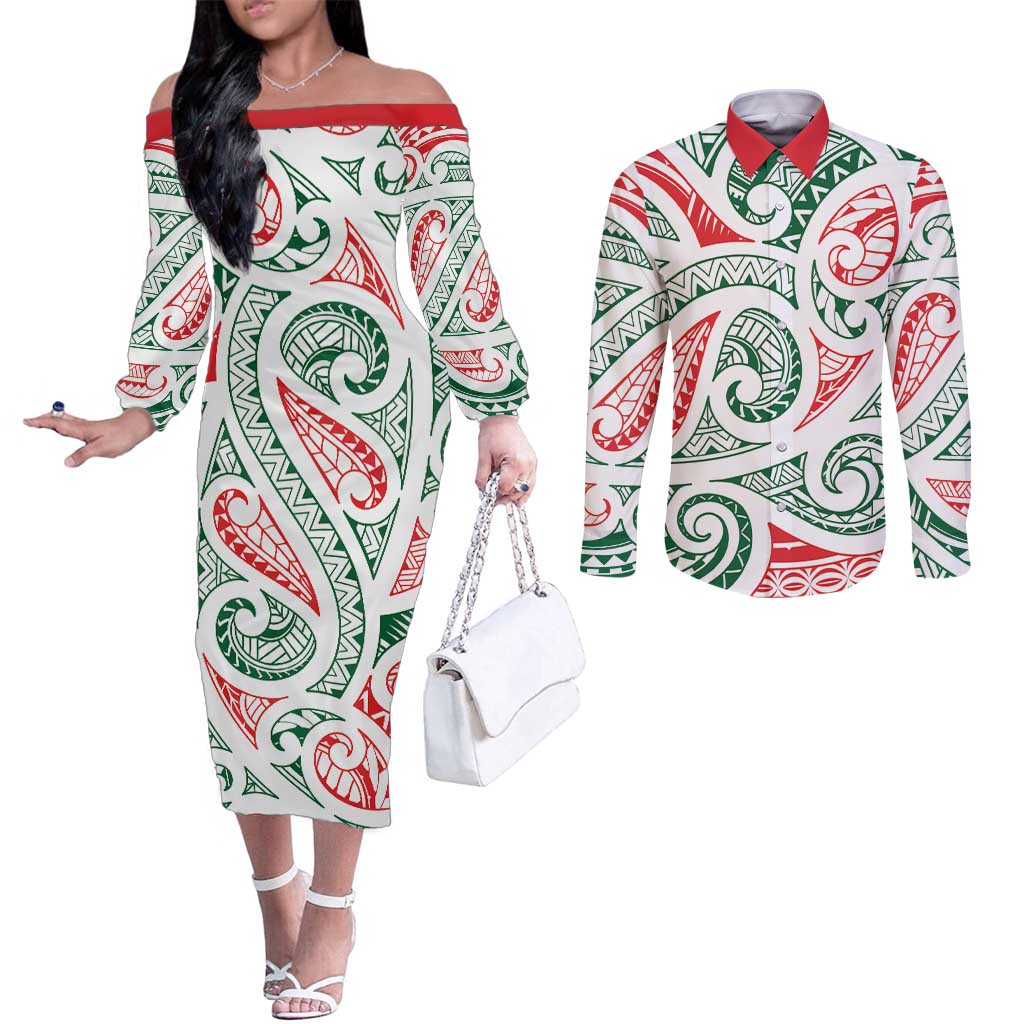 New Zealand Kowhaiwhai Christmas Couples Matching Off The Shoulder Long Sleeve Dress and Long Sleeve Button Shirt Traditional Maori Koru Pattern - Polynesian Pride