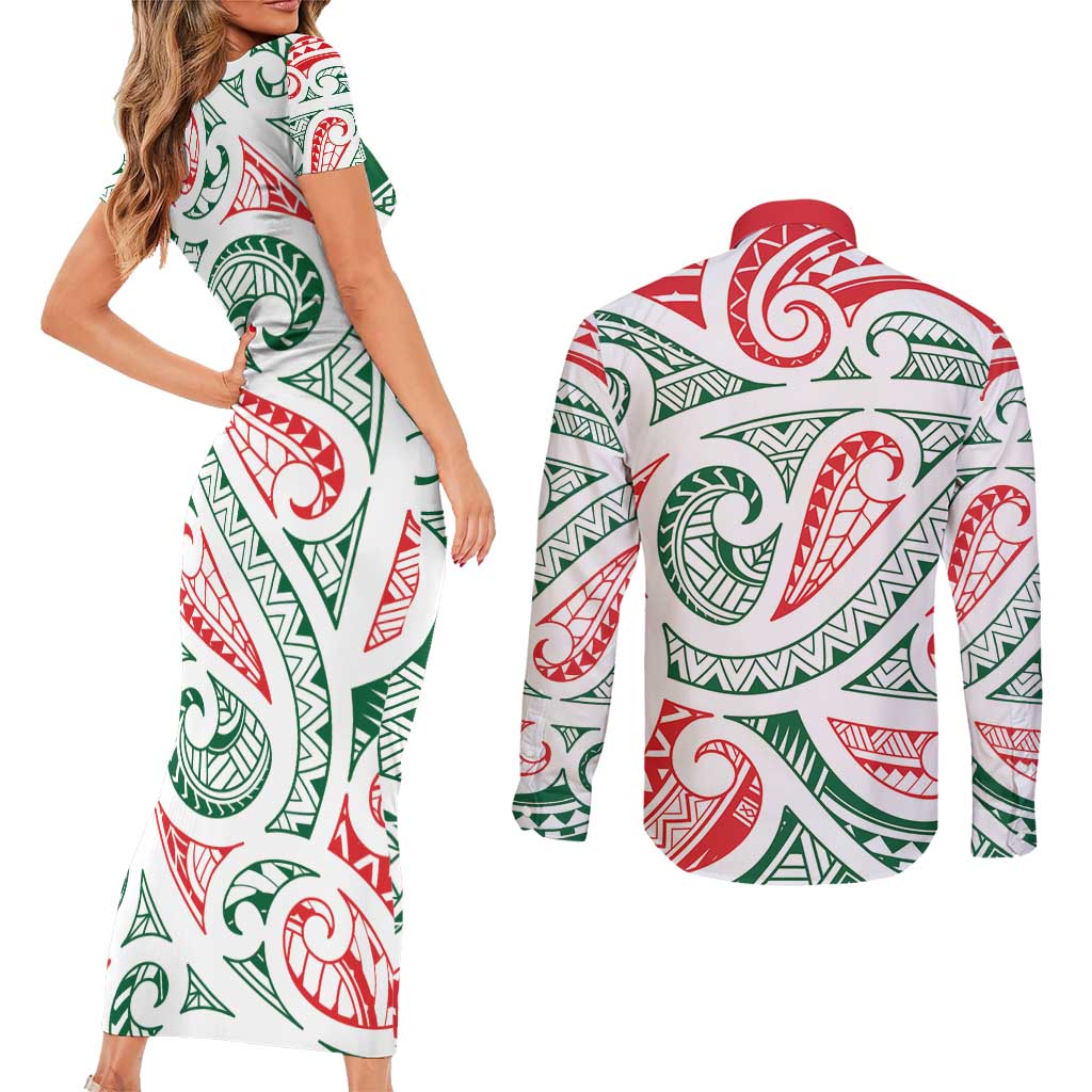 New Zealand Kowhaiwhai Christmas Couples Matching Short Sleeve Bodycon Dress and Long Sleeve Button Shirt Traditional Maori Koru Pattern - Polynesian Pride