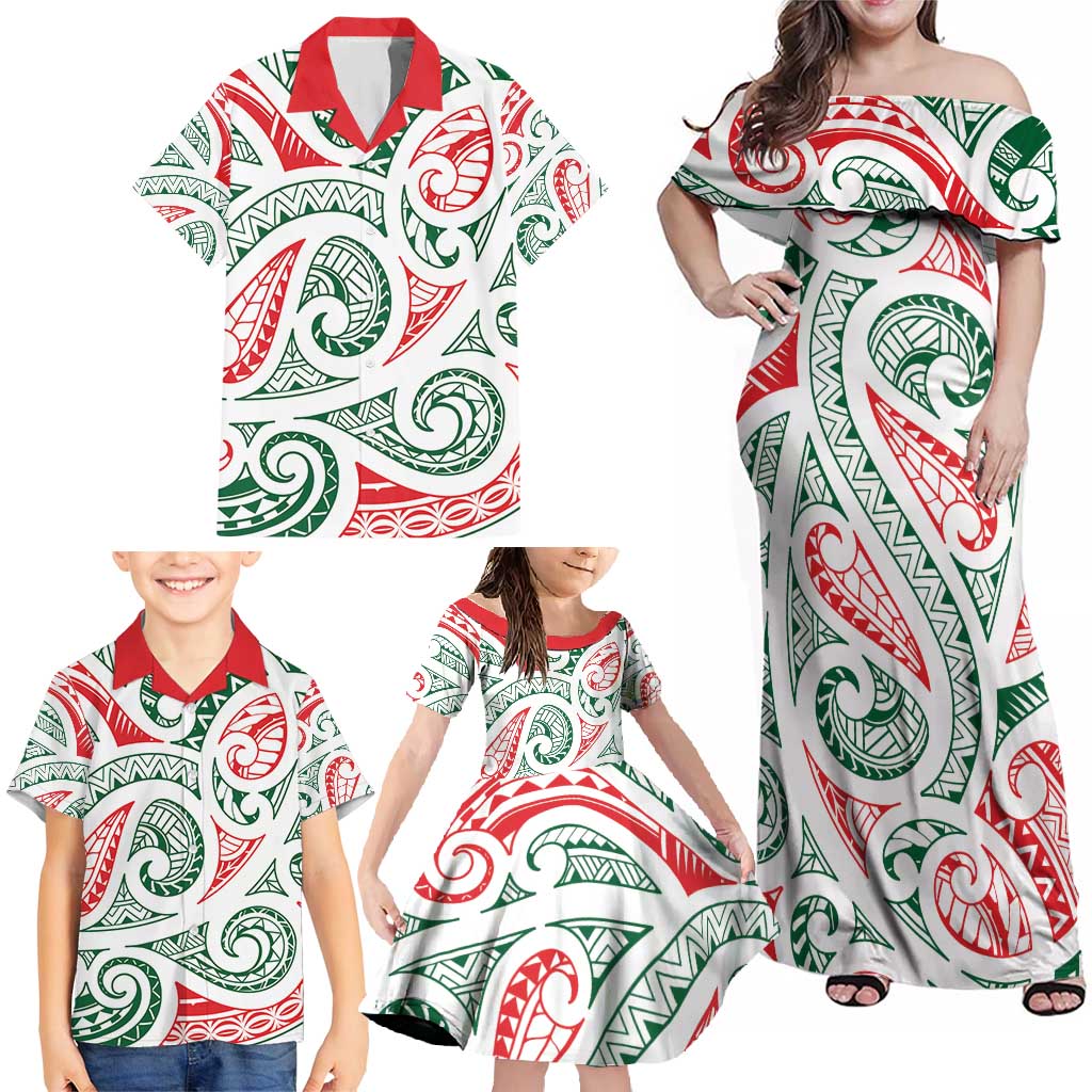 New Zealand Kowhaiwhai Christmas Family Matching Off Shoulder Maxi Dress and Hawaiian Shirt Traditional Maori Koru Pattern - Polynesian Pride