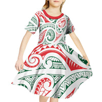 New Zealand Kowhaiwhai Christmas Kid Short Sleeve Dress Traditional Maori Koru Pattern - Polynesian Pride