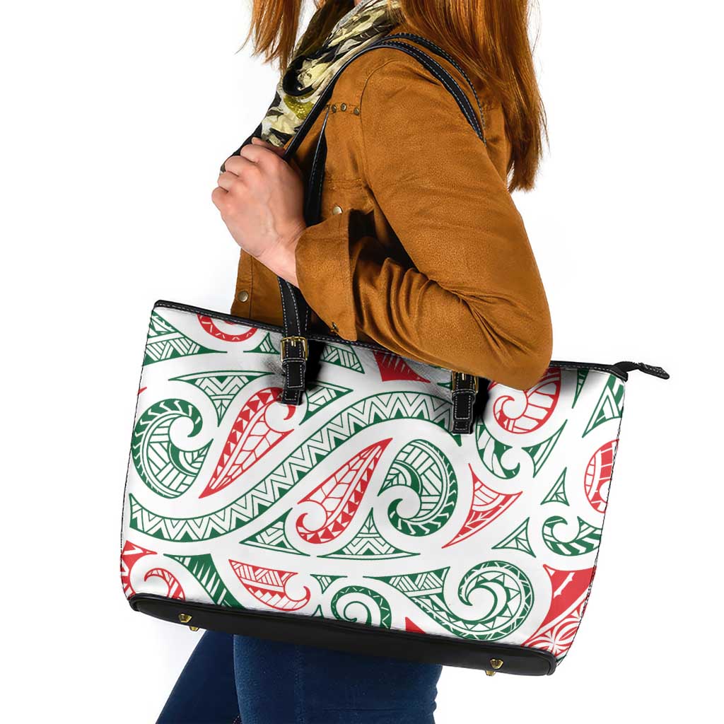 New Zealand Kowhaiwhai Christmas Leather Tote Bag Traditional Maori Koru Pattern - Polynesian Pride