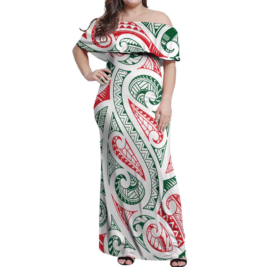 New Zealand Kowhaiwhai Christmas Off Shoulder Maxi Dress Traditional Maori Koru Pattern - Polynesian Pride