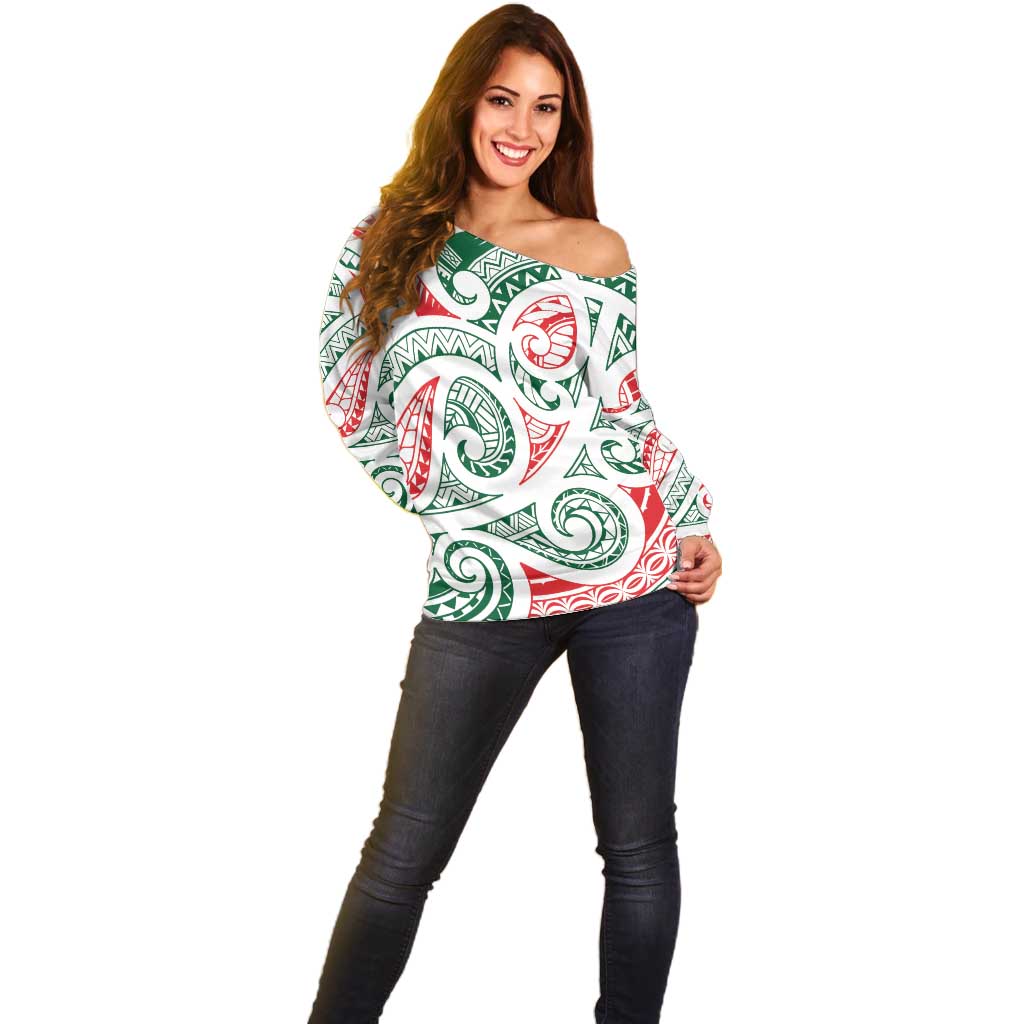 New Zealand Kowhaiwhai Christmas Off Shoulder Sweater Traditional Maori Koru Pattern - Polynesian Pride