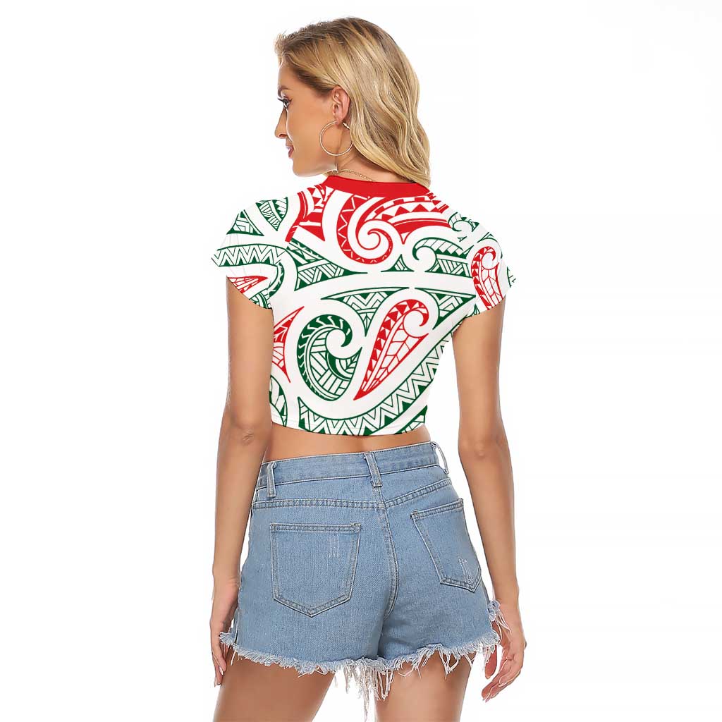 New Zealand Kowhaiwhai Christmas Raglan Cropped T Shirt Traditional Maori Koru Pattern - Polynesian Pride