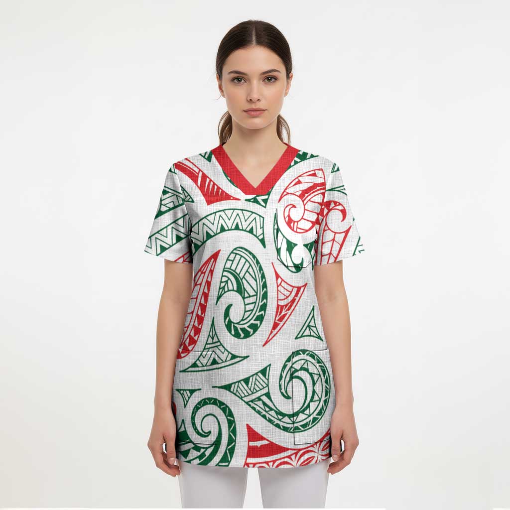 New Zealand Kowhaiwhai Christmas Scrub Top Traditional Maori Koru Pattern - Polynesian Pride