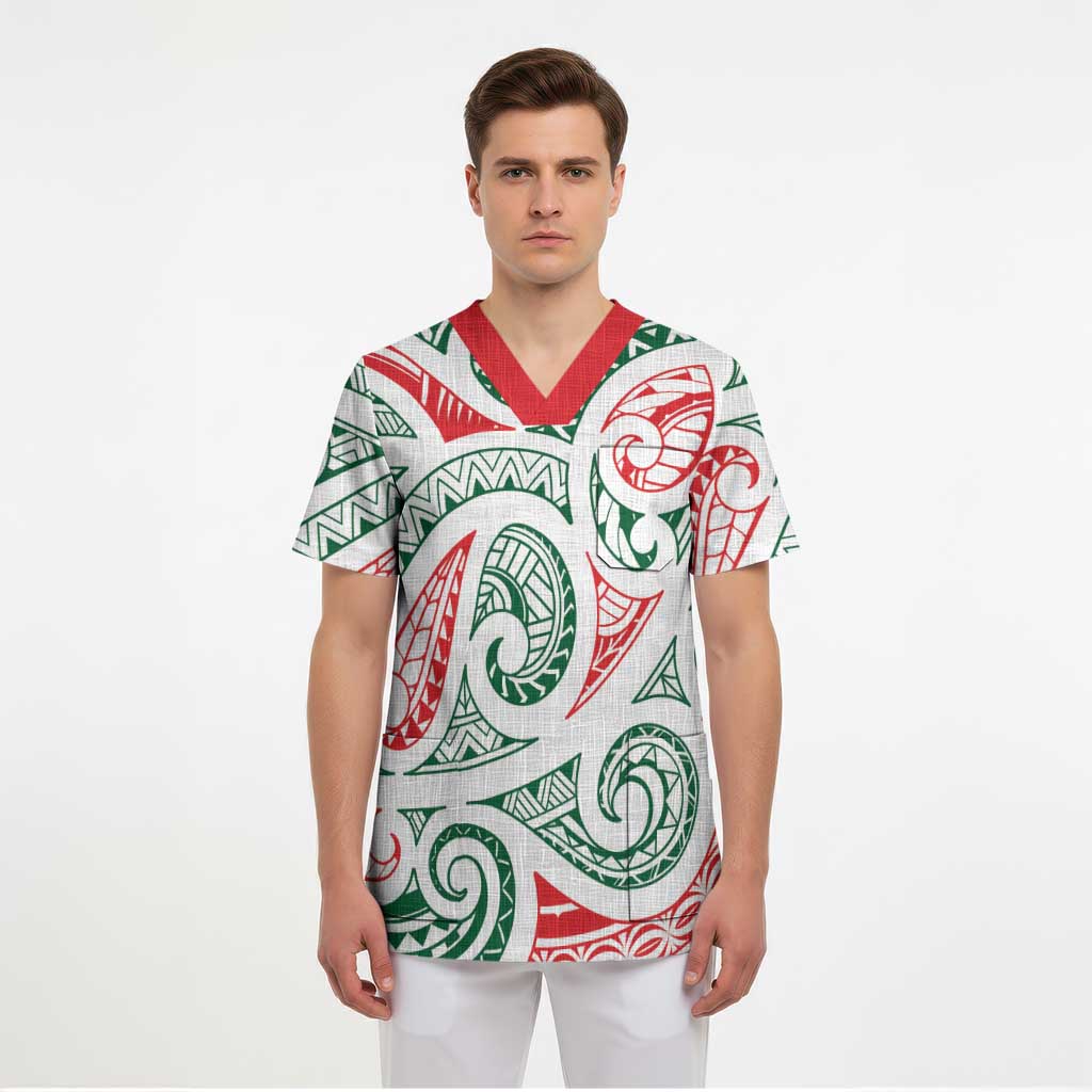 New Zealand Kowhaiwhai Christmas Scrub Top Traditional Maori Koru Pattern - Polynesian Pride
