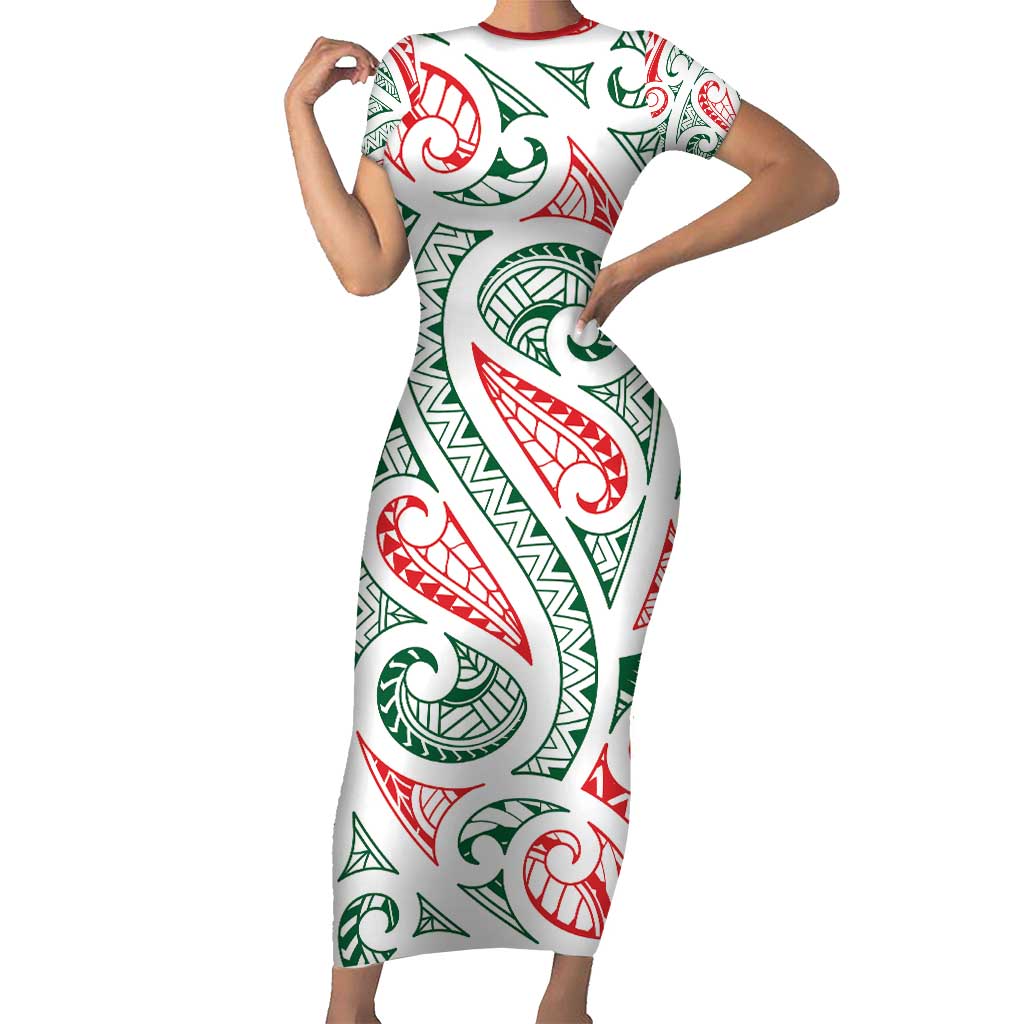 New Zealand Kowhaiwhai Christmas Short Sleeve Bodycon Dress Traditional Maori Koru Pattern - Polynesian Pride