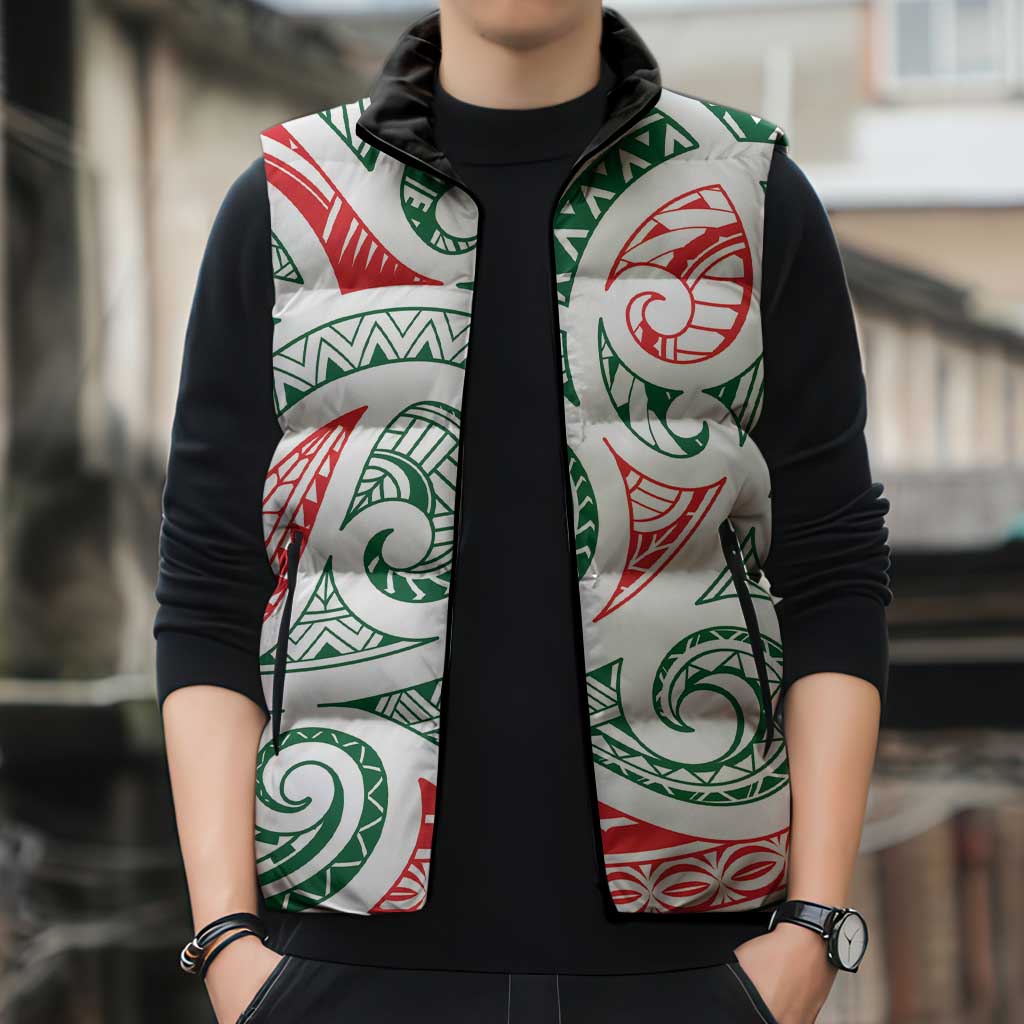 New Zealand Kowhaiwhai Christmas Sleeveless Puffer Jacket Traditional Maori Koru Pattern - Polynesian Pride