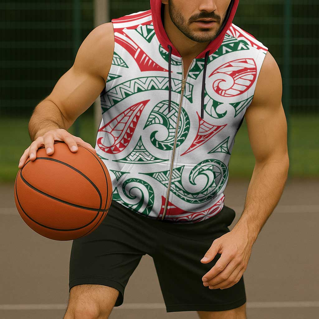 New Zealand Kowhaiwhai Christmas Sleeveless Zip Hoodie Traditional Maori Koru Pattern - Polynesian Pride