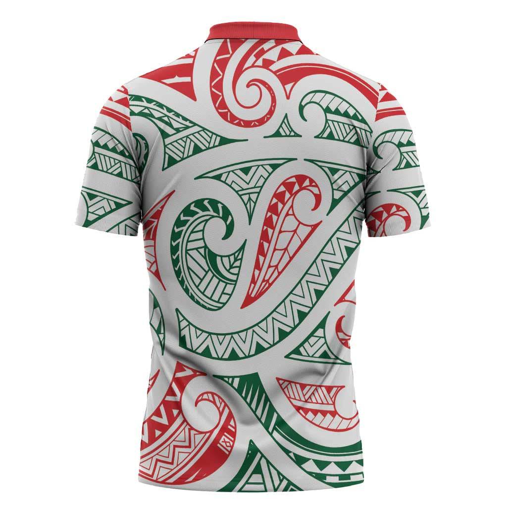 New Zealand Kowhaiwhai Christmas Zipper Polo Shirt Traditional Maori Koru Pattern - Polynesian Pride