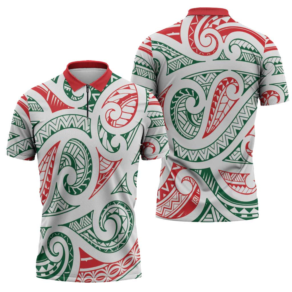 New Zealand Kowhaiwhai Christmas Zipper Polo Shirt Traditional Maori Koru Pattern - Polynesian Pride