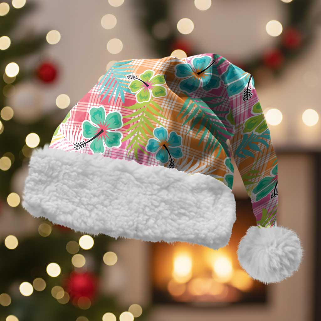 Hawaiian Palaka Christmas Santa Hat Hibiscus Palm Leaf Pattern - Polynesian Pride