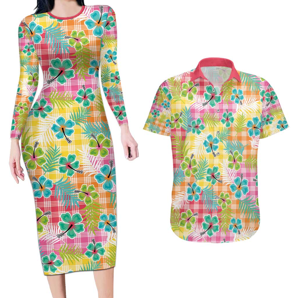 Hawaiian Palaka Couples Matching Long Sleeve Bodycon Dress and Hawaiian Shirt Hibiscus Palm Leaf Pattern - Polynesian Pride