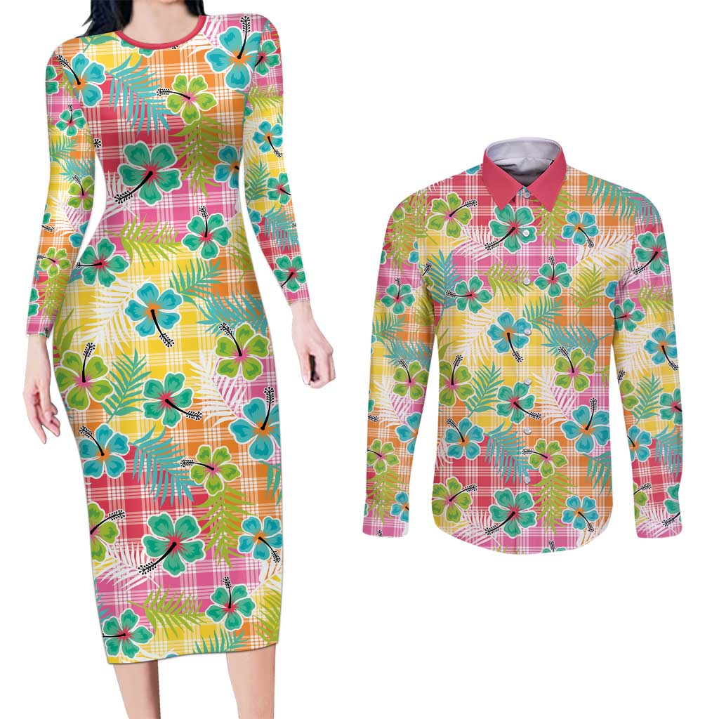 Hawaiian Palaka Couples Matching Long Sleeve Bodycon Dress and Long Sleeve Button Shirt Hibiscus Palm Leaf Pattern - Polynesian Pride