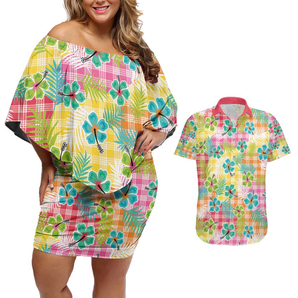 Hawaiian Palaka Couples Matching Off Shoulder Short Dress and Hawaiian Shirt Hibiscus Palm Leaf Pattern - Polynesian Pride