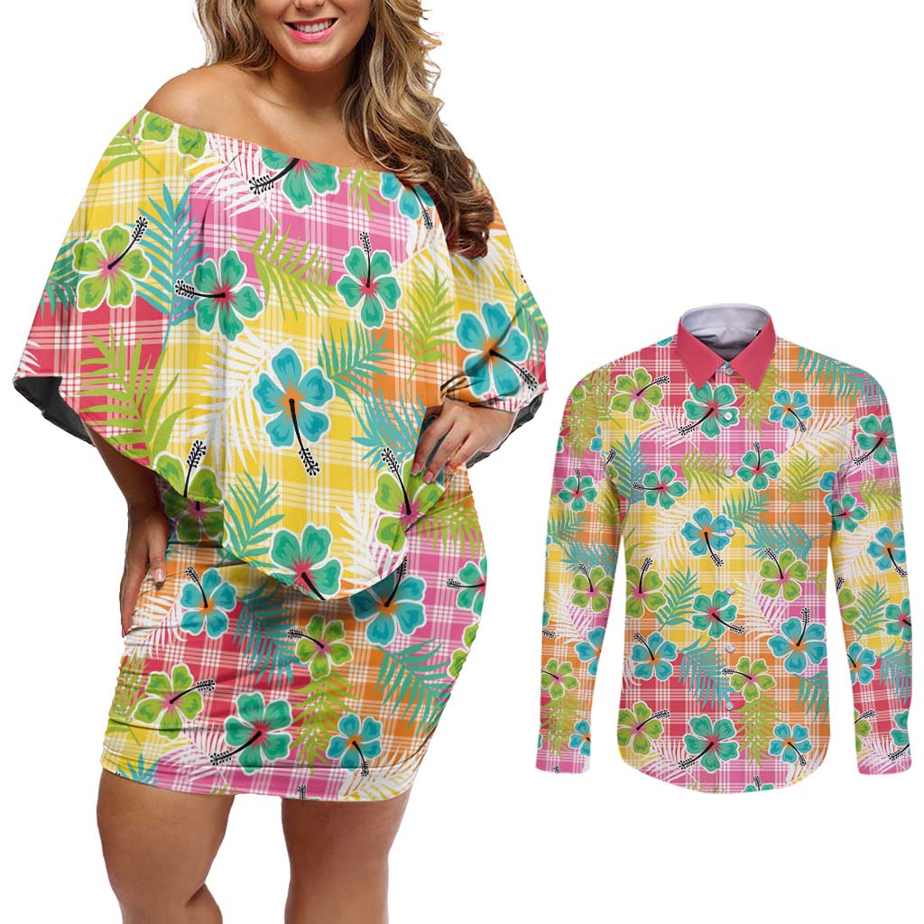 Hawaiian Palaka Couples Matching Off Shoulder Short Dress and Long Sleeve Button Shirt Hibiscus Palm Leaf Pattern - Polynesian Pride