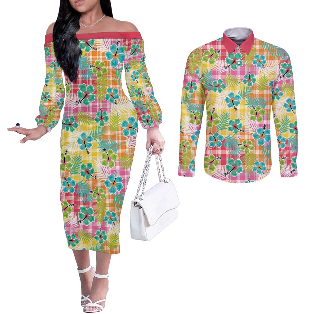 Hawaiian Palaka Couples Matching Off The Shoulder Long Sleeve Dress and Long Sleeve Button Shirt Hibiscus Palm Leaf Pattern - Polynesian Pride