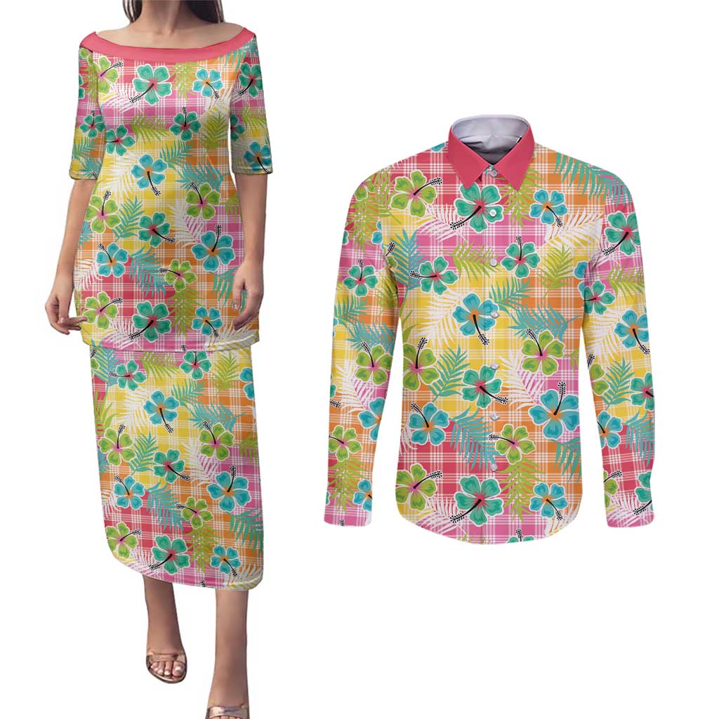 Hawaiian Palaka Couples Matching Puletasi and Long Sleeve Button Shirt Hibiscus Palm Leaf Pattern - Polynesian Pride