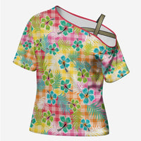Hawaiian Palaka Cross Shoulder Shirt Hibiscus Palm Leaf Pattern - Polynesian Pride