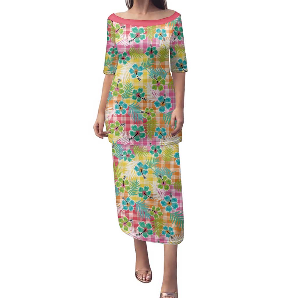 Hawaiian Palaka Family Matching Puletasi and Hawaiian Shirt Hibiscus Palm Leaf Pattern - Polynesian Pride