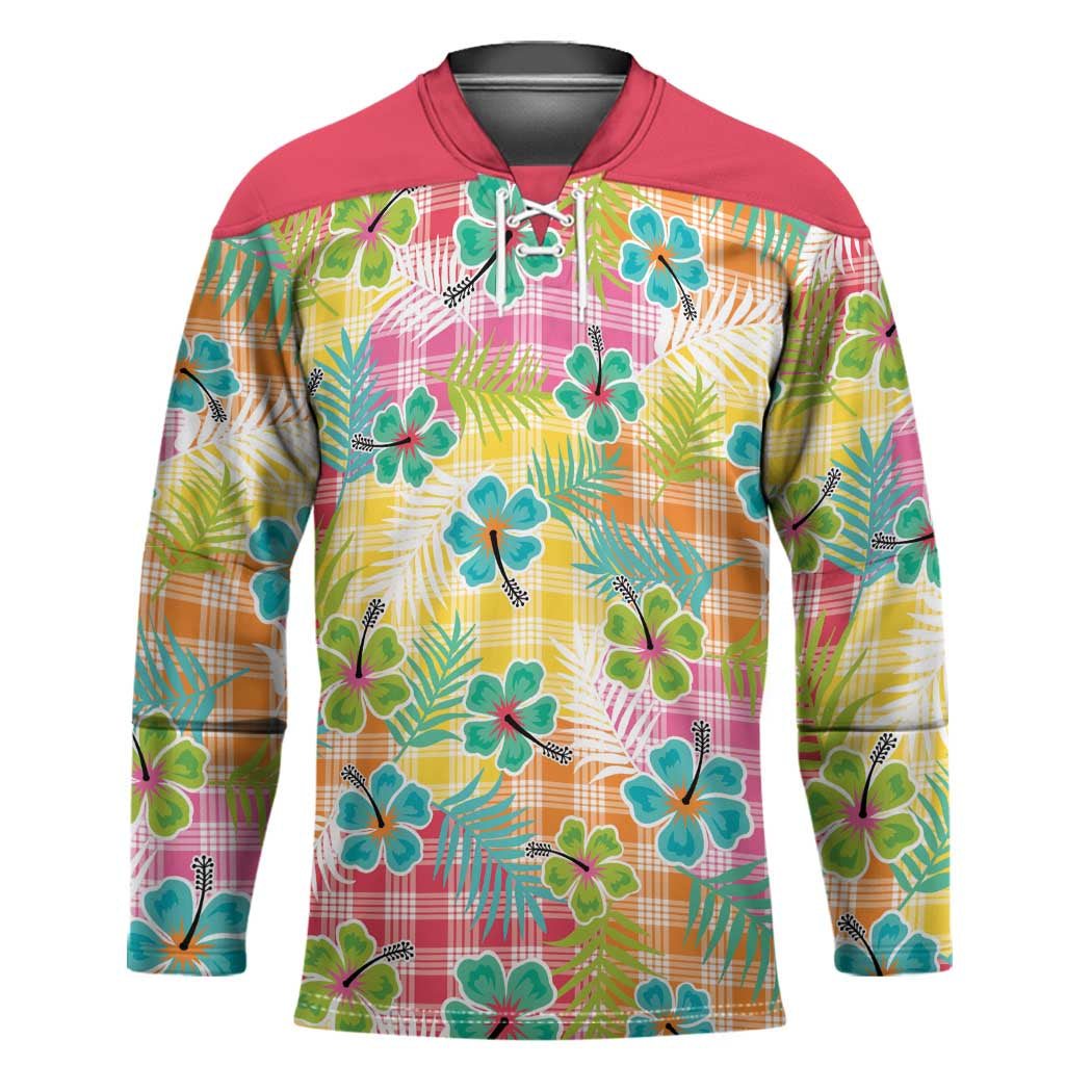Hawaiian Palaka Hockey Jersey Hibiscus Palm Leaf Pattern - Polynesian Pride