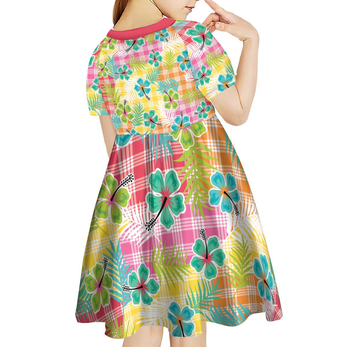 Hawaiian Palaka Kid Short Sleeve Dress Hibiscus Palm Leaf Pattern - Polynesian Pride