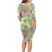 Hawaiian Palaka Long Sleeve Bodycon Dress Hibiscus Palm Leaf Pattern - Polynesian Pride