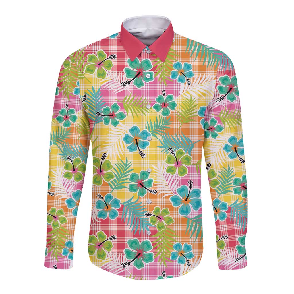 Hawaiian Palaka Long Sleeve Button Shirt Hibiscus Palm Leaf Pattern - Polynesian Pride