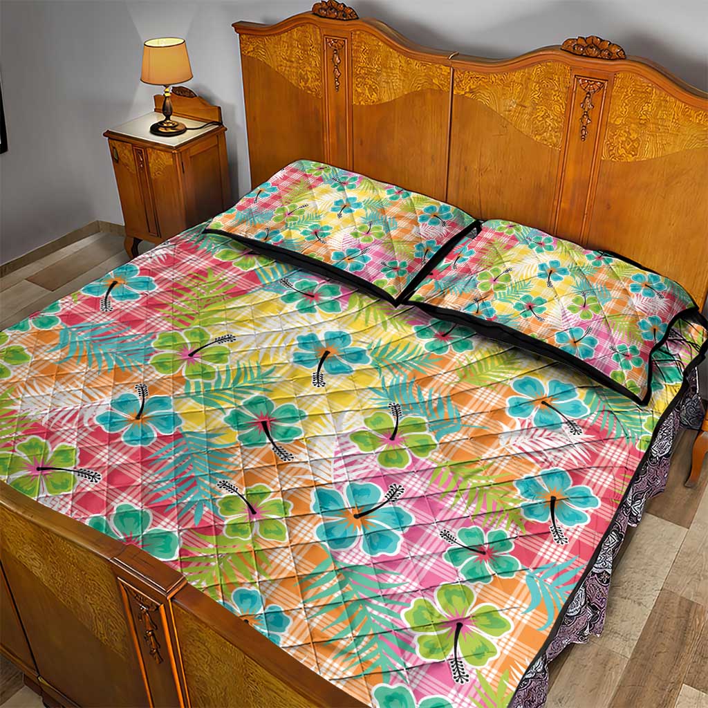 Hawaiian Palaka Quilt Bed Set Hibiscus Palm Leaf Pattern - Polynesian Pride