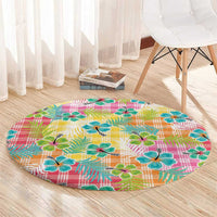 Hawaiian Palaka Round Carpet Hibiscus Palm Leaf Pattern - Polynesian Pride
