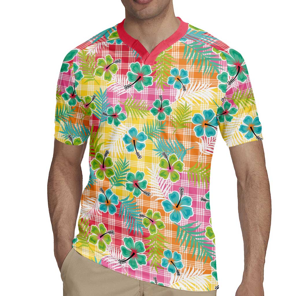 Hawaiian Palaka Rugby Jersey Hibiscus Palm Leaf Pattern - Polynesian Pride