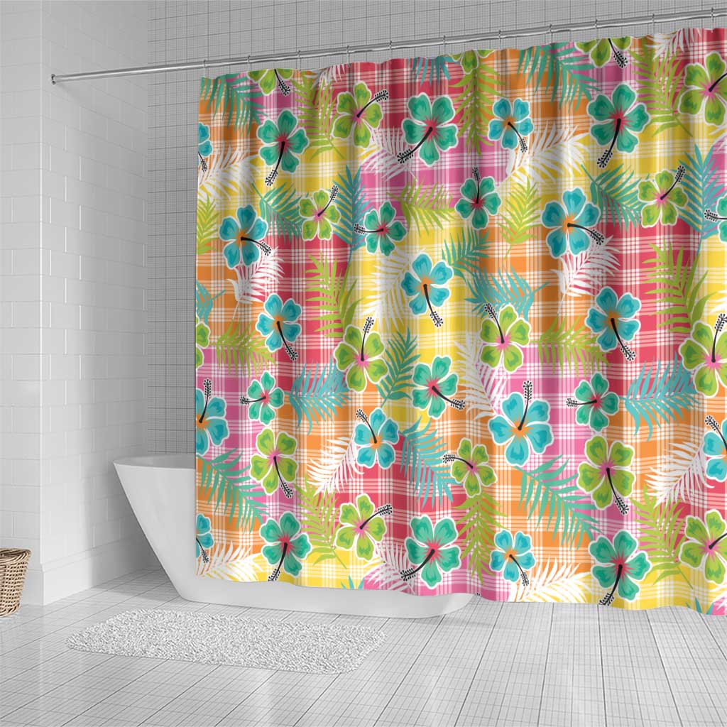Hawaiian Palaka Shower Curtain Hibiscus Palm Leaf Pattern - Polynesian Pride