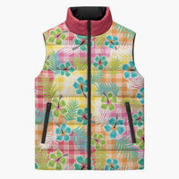 Hawaiian Palaka Sleeveless Puffer Jacket Hibiscus Palm Leaf Pattern - Polynesian Pride