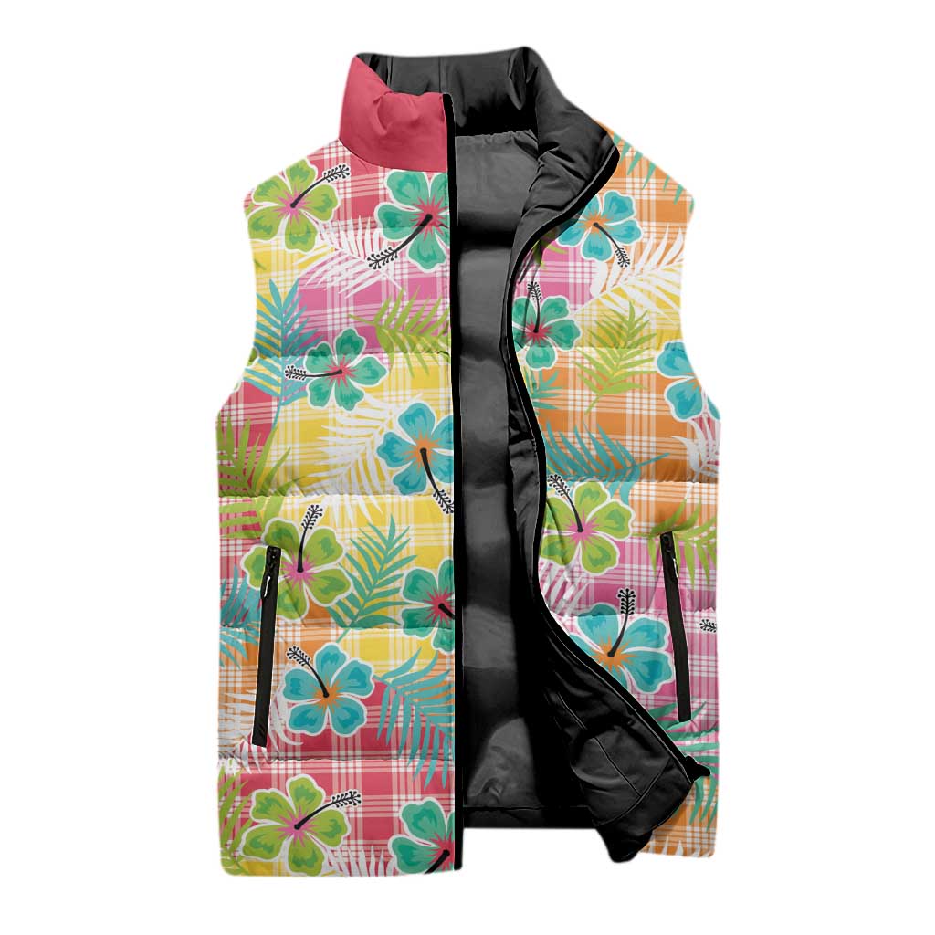Hawaiian Palaka Sleeveless Puffer Jacket Hibiscus Palm Leaf Pattern - Polynesian Pride