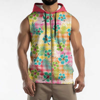 Hawaiian Palaka Sleeveless Zip Hoodie Hibiscus Palm Leaf Pattern - Polynesian Pride