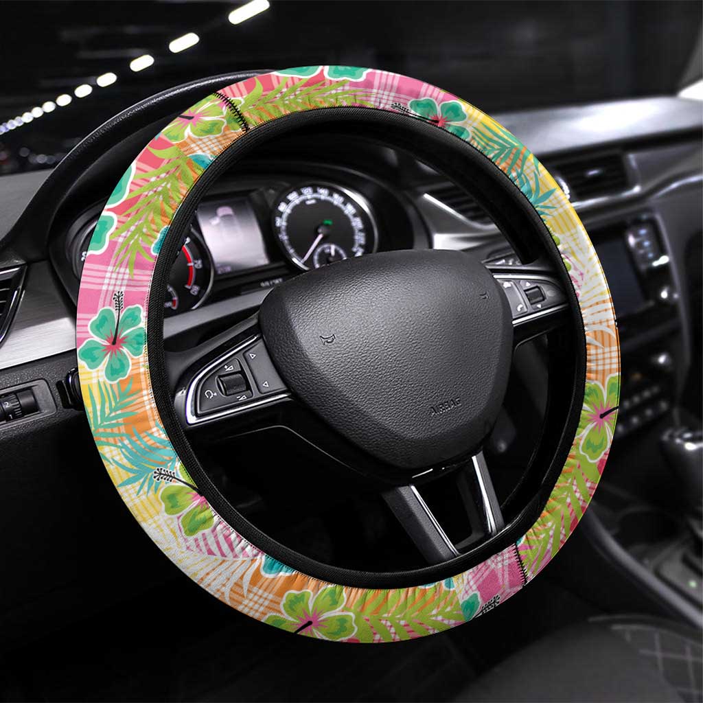 Hawaiian Palaka Steering Wheel Cover Hibiscus Palm Leaf Pattern - Polynesian Pride