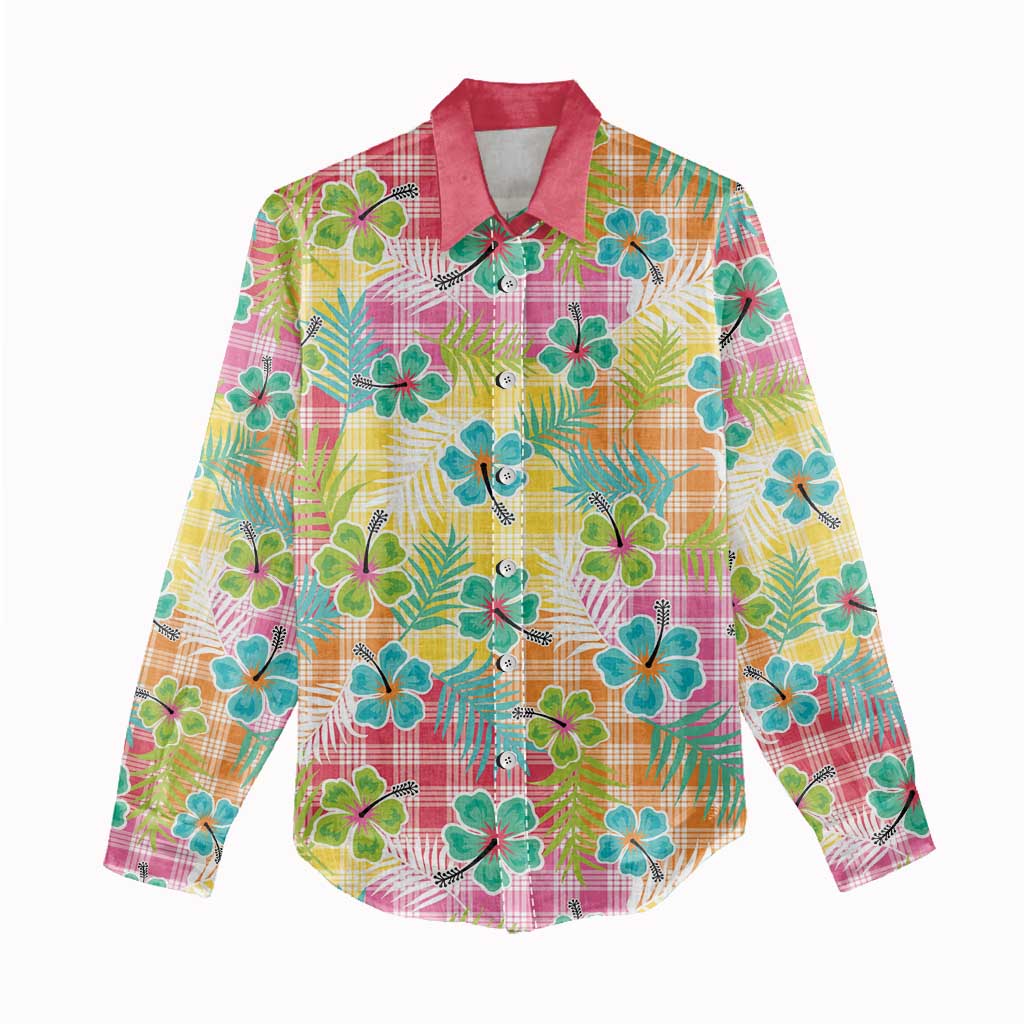 Hawaiian Palaka Women Casual Shirt Hibiscus Palm Leaf Pattern - Polynesian Pride