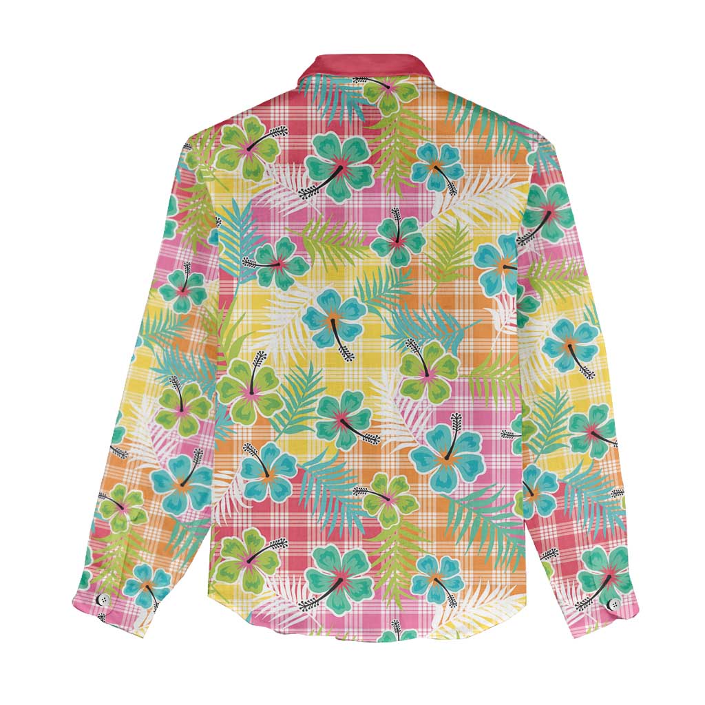 Hawaiian Palaka Women Casual Shirt Hibiscus Palm Leaf Pattern - Polynesian Pride
