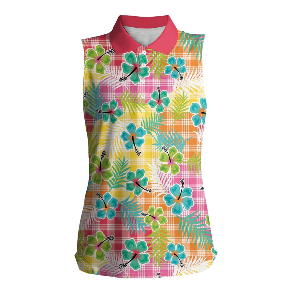 Hawaiian Palaka Women Sleeveless Polo Shirt Hibiscus Palm Leaf Pattern - Polynesian Pride