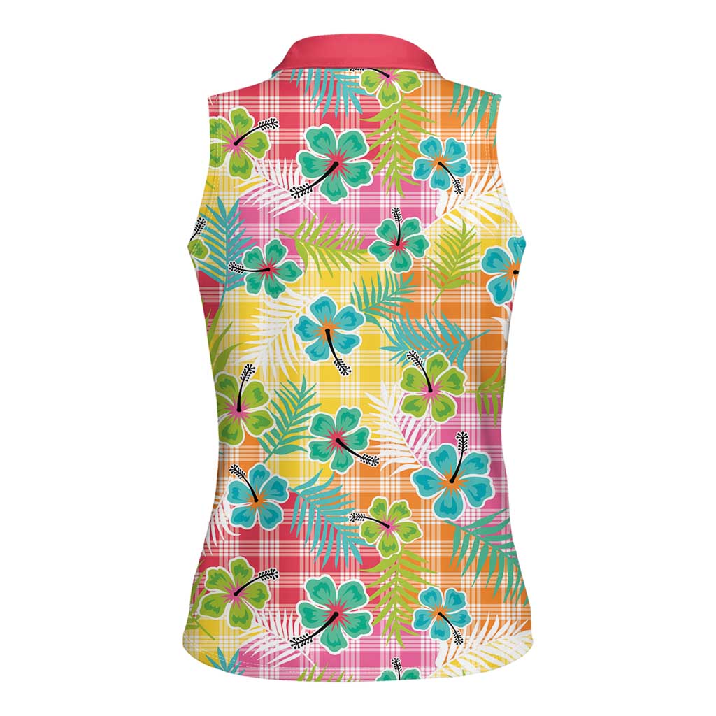 Hawaiian Palaka Women Sleeveless Polo Shirt Hibiscus Palm Leaf Pattern - Polynesian Pride