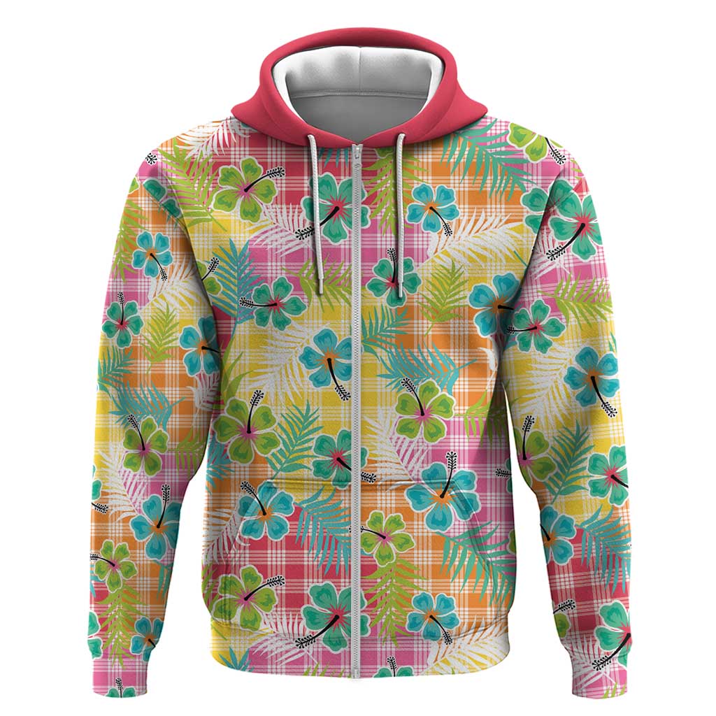Hawaiian Palaka Zip Hoodie Hibiscus Palm Leaf Pattern - Polynesian Pride