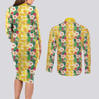 Hawaiian Palaka Couples Matching Long Sleeve Bodycon Dress and Long Sleeve Button Shirt Hibiscus Pineapple Lei - Polynesian Pride