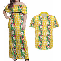 Hawaiian Palaka Couples Matching Off Shoulder Maxi Dress and Hawaiian Shirt Hibiscus Pineapple Lei - Polynesian Pride