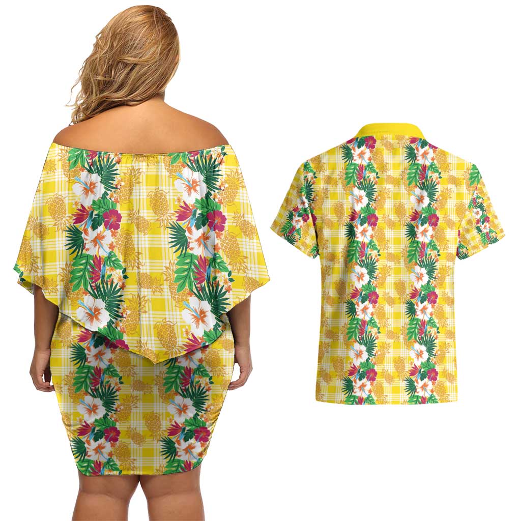 Hawaiian Palaka Couples Matching Off Shoulder Short Dress and Hawaiian Shirt Hibiscus Pineapple Lei - Polynesian Pride