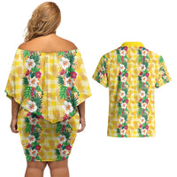 Hawaiian Palaka Couples Matching Off Shoulder Short Dress and Hawaiian Shirt Hibiscus Pineapple Lei - Polynesian Pride