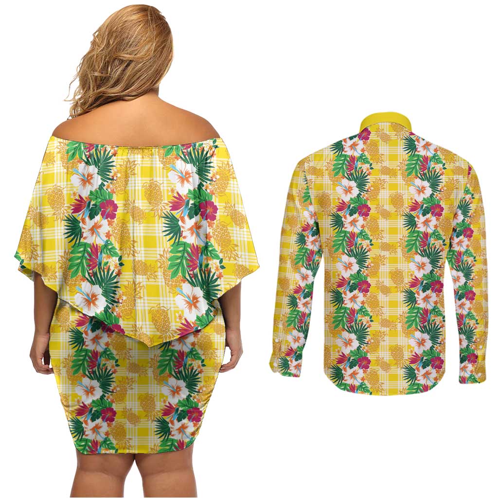 Hawaiian Palaka Couples Matching Off Shoulder Short Dress and Long Sleeve Button Shirt Hibiscus Pineapple Lei - Polynesian Pride