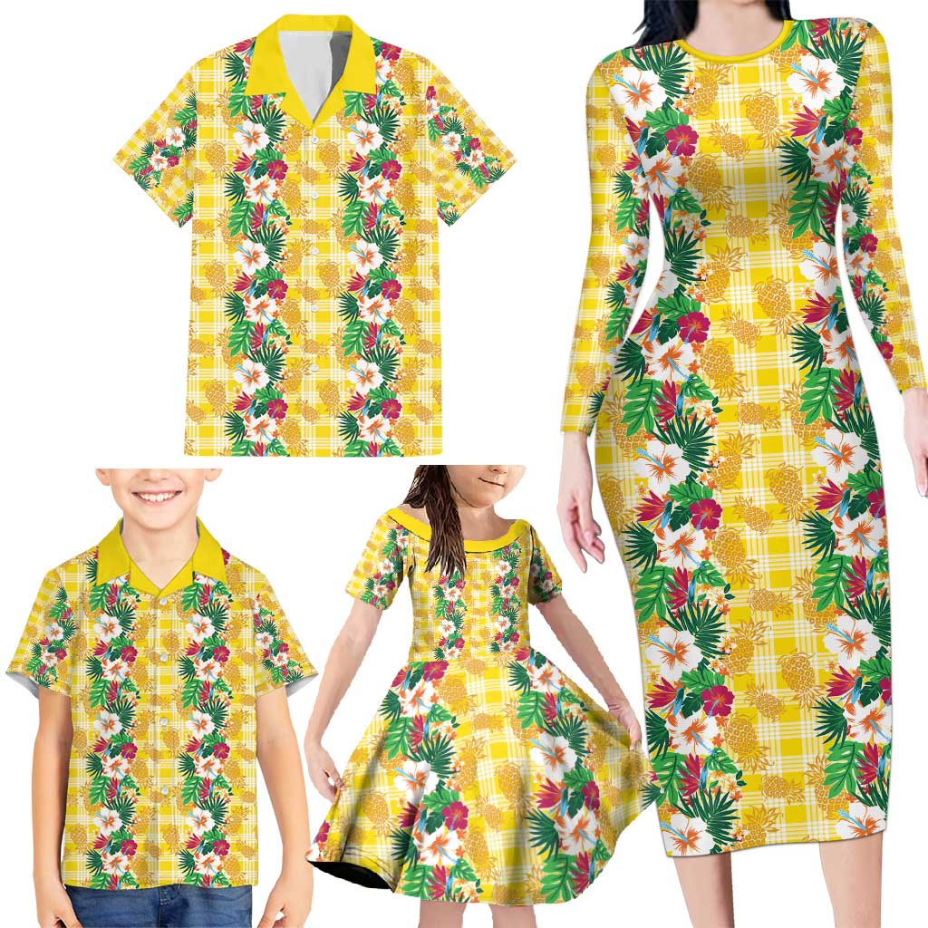 Hawaiian Palaka Family Matching Long Sleeve Bodycon Dress and Hawaiian Shirt Hibiscus Pineapple Lei - Polynesian Pride