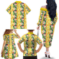 Hawaiian Palaka Family Matching Off The Shoulder Long Sleeve Dress and Hawaiian Shirt Hibiscus Pineapple Lei - Polynesian Pride