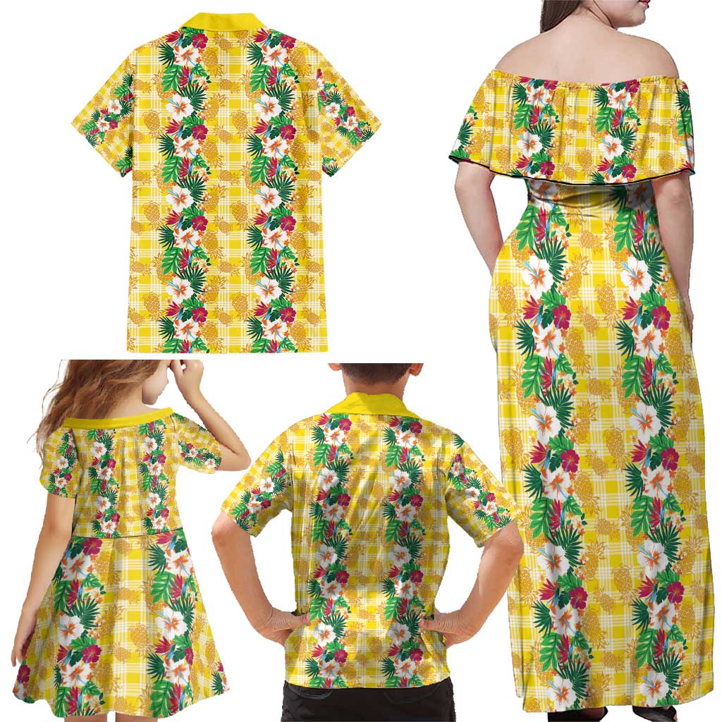 Hawaiian Palaka Family Matching Off Shoulder Maxi Dress and Hawaiian Shirt Hibiscus Pineapple Lei - Polynesian Pride